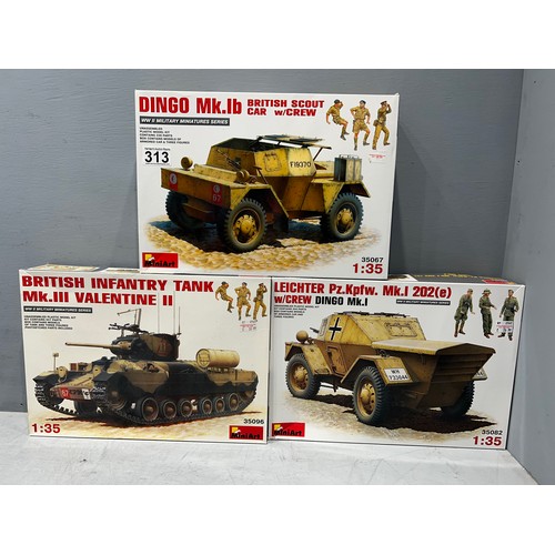 313 - 3x Mini art models inc, British tank 'valentine' MK11, dingo scout car + dingo mk1