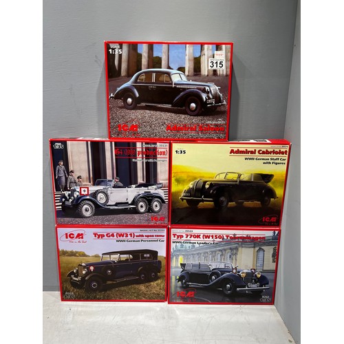 315 - 5x 1cm model vehicles including, admiral saloon, admiral cabriolet, type 770k etc