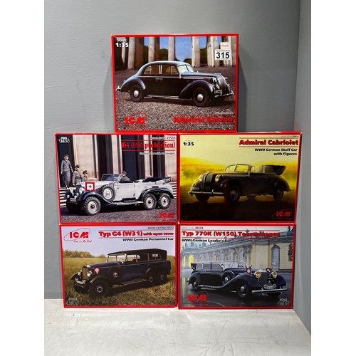 315 - 5x 1cm model vehicles including, admiral saloon, admiral cabriolet, type 770k etc