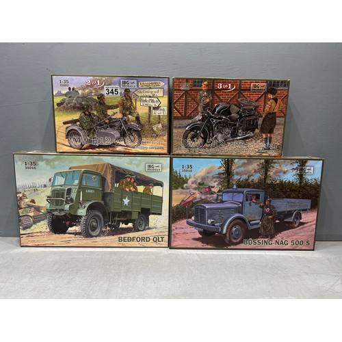 345 - 4 x IBG models inc Bedford truck, bussing nag 500s + 2 BMW R12 with soldier