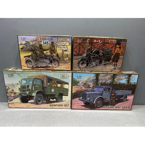 345 - 4 x IBG models inc Bedford truck, bussing nag 500s + 2 BMW R12 with soldier