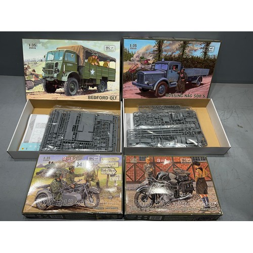 345 - 4 x IBG models inc Bedford truck, bussing nag 500s + 2 BMW R12 with soldier