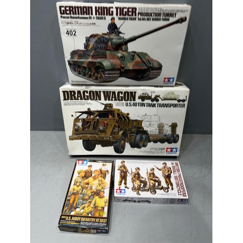 4 Tamiya Boxed Model Kits, Dragon Wagon, King Tiger, Military Figures