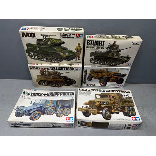 410 - 6 Tamiya boxed model kit truck, tanks etc