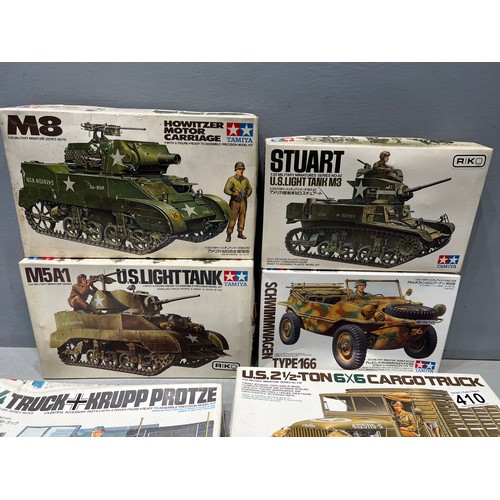 410 - 6 Tamiya boxed model kit truck, tanks etc