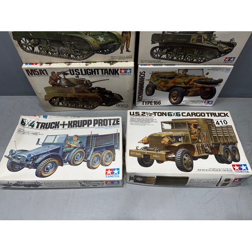 410 - 6 Tamiya boxed model kit truck, tanks etc