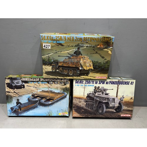 427 - 3x Dragon kits inc, 2 German armaured vehicles on half track + German pontoon set