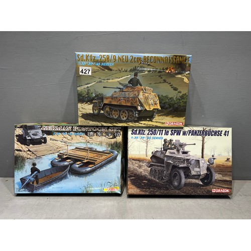 427 - 3x Dragon kits inc, 2 German armaured vehicles on half track + German pontoon set