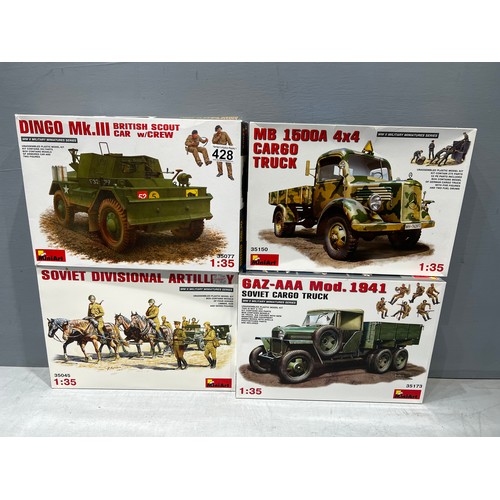 428 - 4x Mini art kits inc, GAZ-AAA cargo truck, British dingo truck, 4x4 cargo truck + soviet on horse