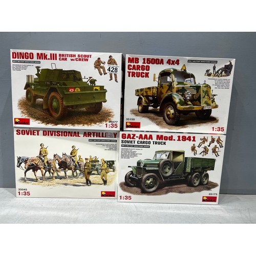 428 - 4x Mini art kits inc, GAZ-AAA cargo truck, British dingo truck, 4x4 cargo truck + soviet on horse