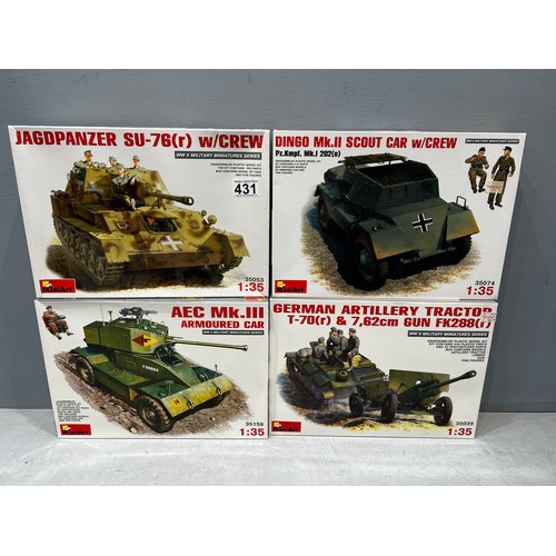 431 - 4x Mini art kits inc, German jagdpanzer tank, artillery tractor & 2 armaured cars