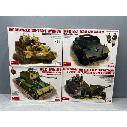 431 - 4x Mini art kits inc, German jagdpanzer tank, artillery tractor & 2 armaured cars