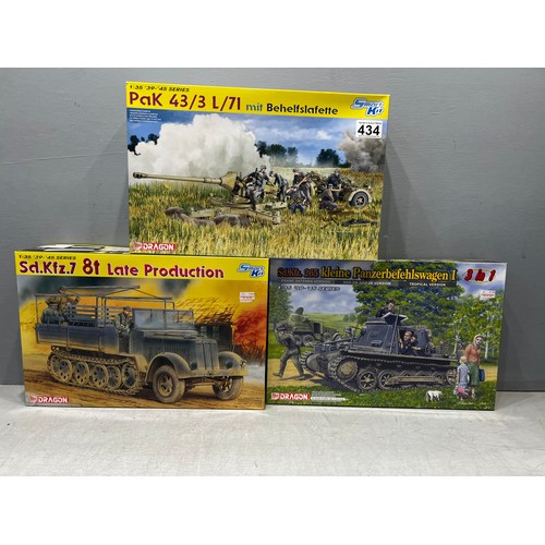 434 - 3x Dragon kits inc, German panzer tank, armoured semi track truck & pak43