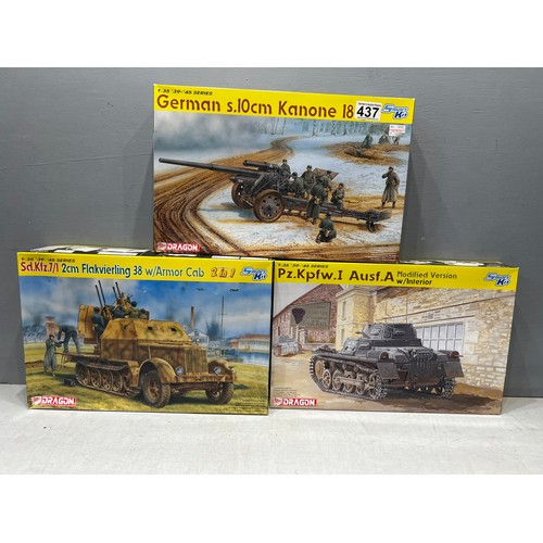 437 - 3x Dragon smart kits inc, German tank, semi track truck with AA gun + konone 18