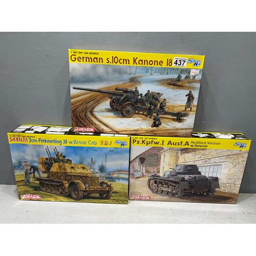 437 - 3x Dragon smart kits inc, German tank, semi track truck with AA gun + konone 18