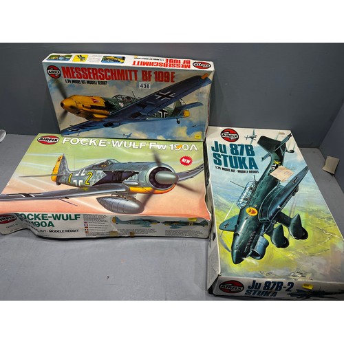 438 - 3x Vintage airfix models inc focke wulf, junkers ju 87B-2 & messerschmitt BF109E