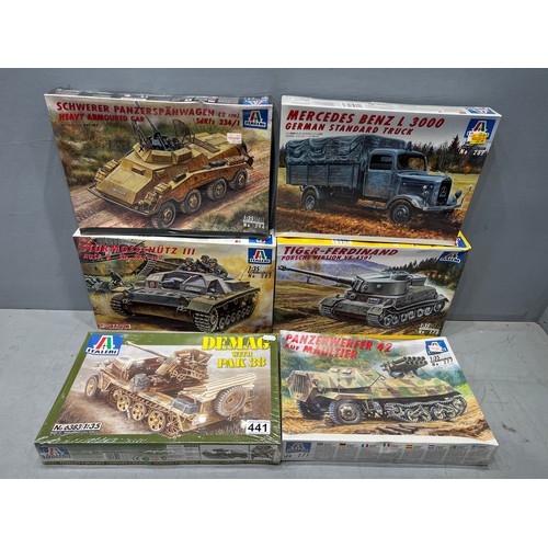 441 - 6x Italeri German vehicles inc, 4 tanks & 2 armourd trucks + Mercedes