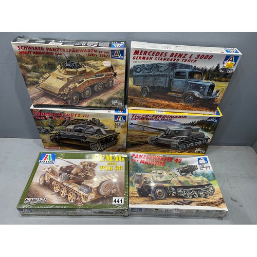 441 - 6x Italeri German vehicles inc, 4 tanks & 2 armourd trucks + Mercedes