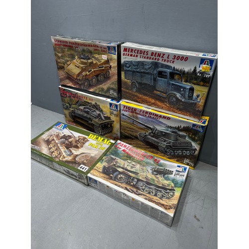 441 - 6x Italeri German vehicles inc, 4 tanks & 2 armourd trucks + Mercedes