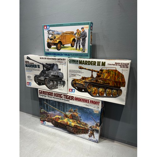 451 - 4x Tamiya kits inc, king tiger tank, 2x marder III tanks & German car!