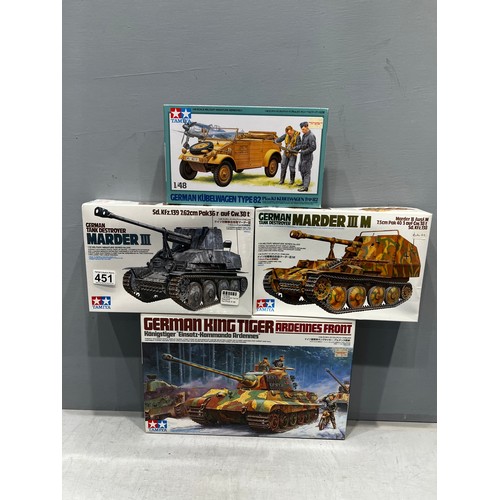 451 - 4x Tamiya kits inc, king tiger tank, 2x marder III tanks & German car!