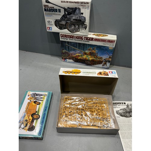 451 - 4x Tamiya kits inc, king tiger tank, 2x marder III tanks & German car!