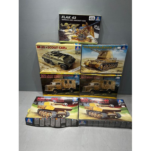 459 - 7x Italeri kits inc, 3 tanks, 2 field radio trucks, scout car & flak 43