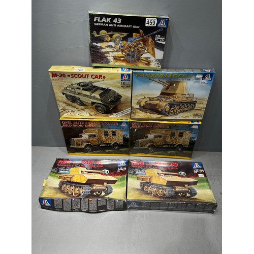 459 - 7x Italeri kits inc, 3 tanks, 2 field radio trucks, scout car & flak 43