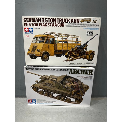 460 - 2x Tamiya kits inc, British antitank gun tank & German truck with flak 37AA gun