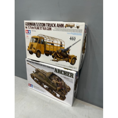 460 - 2x Tamiya kits inc, British antitank gun tank & German truck with flak 37AA gun