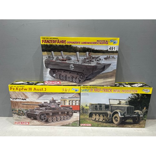 491 - 3x Dragon model kits inc, 1 tank 1 land & water tank & half track truck