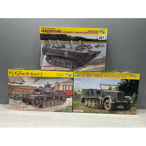 491 - 3x Dragon model kits inc, 1 tank 1 land & water tank & half track truck