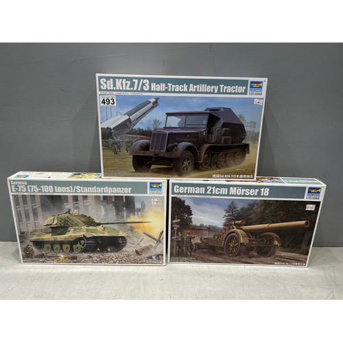 493 - 3x Trumpeter models inc, half track artiillery tractor, morser 18 & E-75 panzer tank