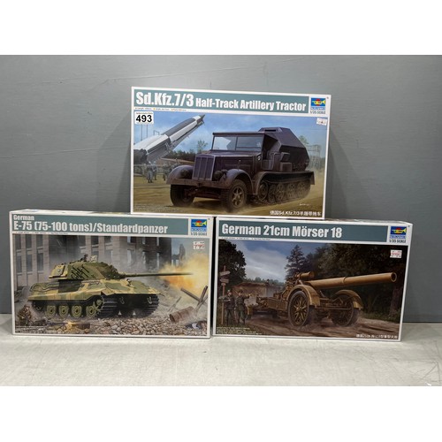 493 - 3x Trumpeter models inc, half track artiillery tractor, morser 18 & E-75 panzer tank