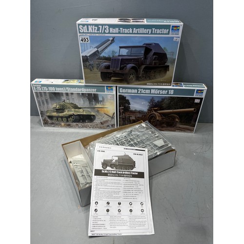 493 - 3x Trumpeter models inc, half track artiillery tractor, morser 18 & E-75 panzer tank