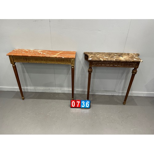 736 - Marble top console table + console table (marble broke on one)