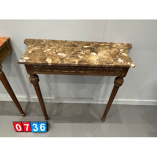 736 - Marble top console table + console table (marble broke on one)