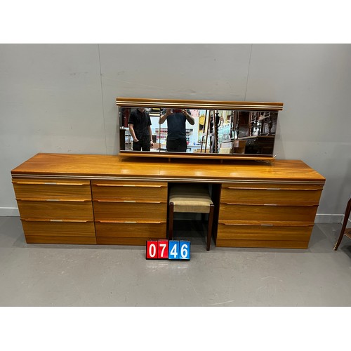 746 - Mid century triple draw dressing table + matching headboard & night stands