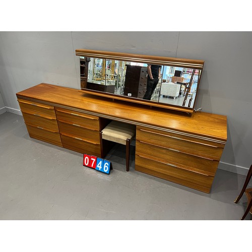 746 - Mid century triple draw dressing table + matching headboard & night stands