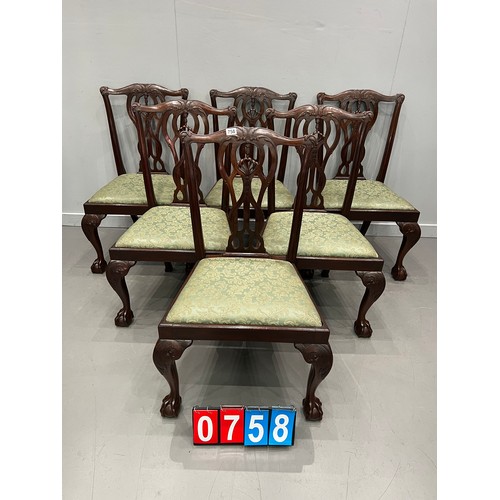 758 - Set of 6 edwardian quality Chippendale style dining chairs on ball & claw feet