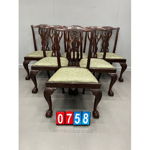 758 - Set of 6 edwardian quality Chippendale style dining chairs on ball & claw feet