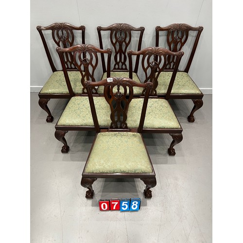 758 - Set of 6 edwardian quality Chippendale style dining chairs on ball & claw feet