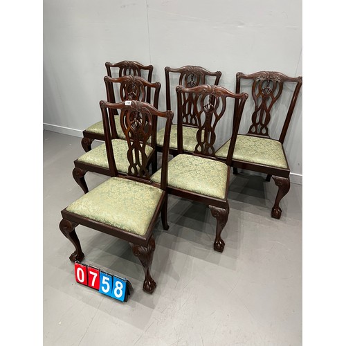 758 - Set of 6 edwardian quality Chippendale style dining chairs on ball & claw feet