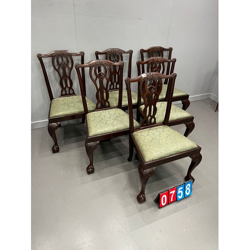 758 - Set of 6 edwardian quality Chippendale style dining chairs on ball & claw feet