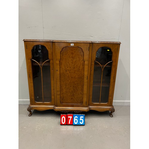 765 - Good quality Burr walnut display cabinet on Queen Anne legs