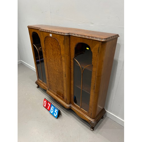 765 - Good quality Burr walnut display cabinet on Queen Anne legs