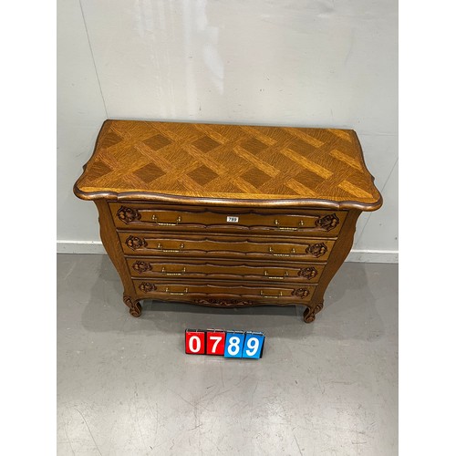 789 - French carved chest of 4 drawers with marquetry top very clean