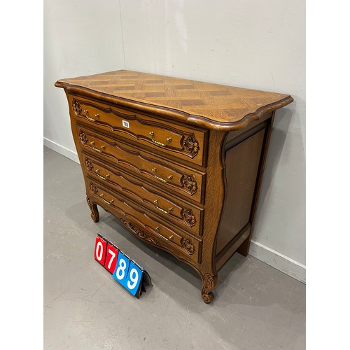 789 - French carved chest of 4 drawers with marquetry top very clean