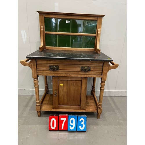 793 - Victorian marble top tiled back wash stand