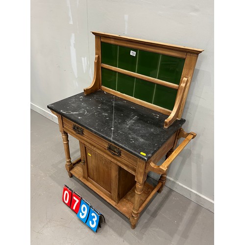 793 - Victorian marble top tiled back wash stand